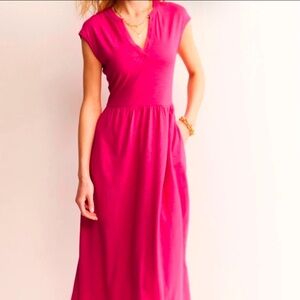 Boden Chloe Notch Midi Dress Size 12 Petite Cap Sleeve V-Neck Cotton Blend Pink